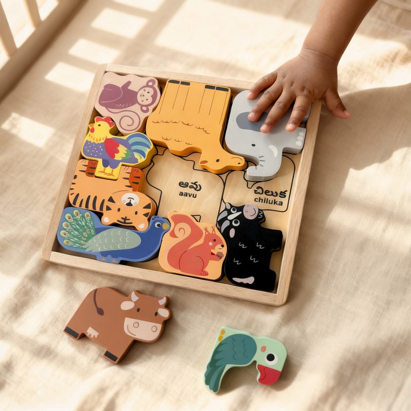 Child playing with TeluguTots wooden learning toys