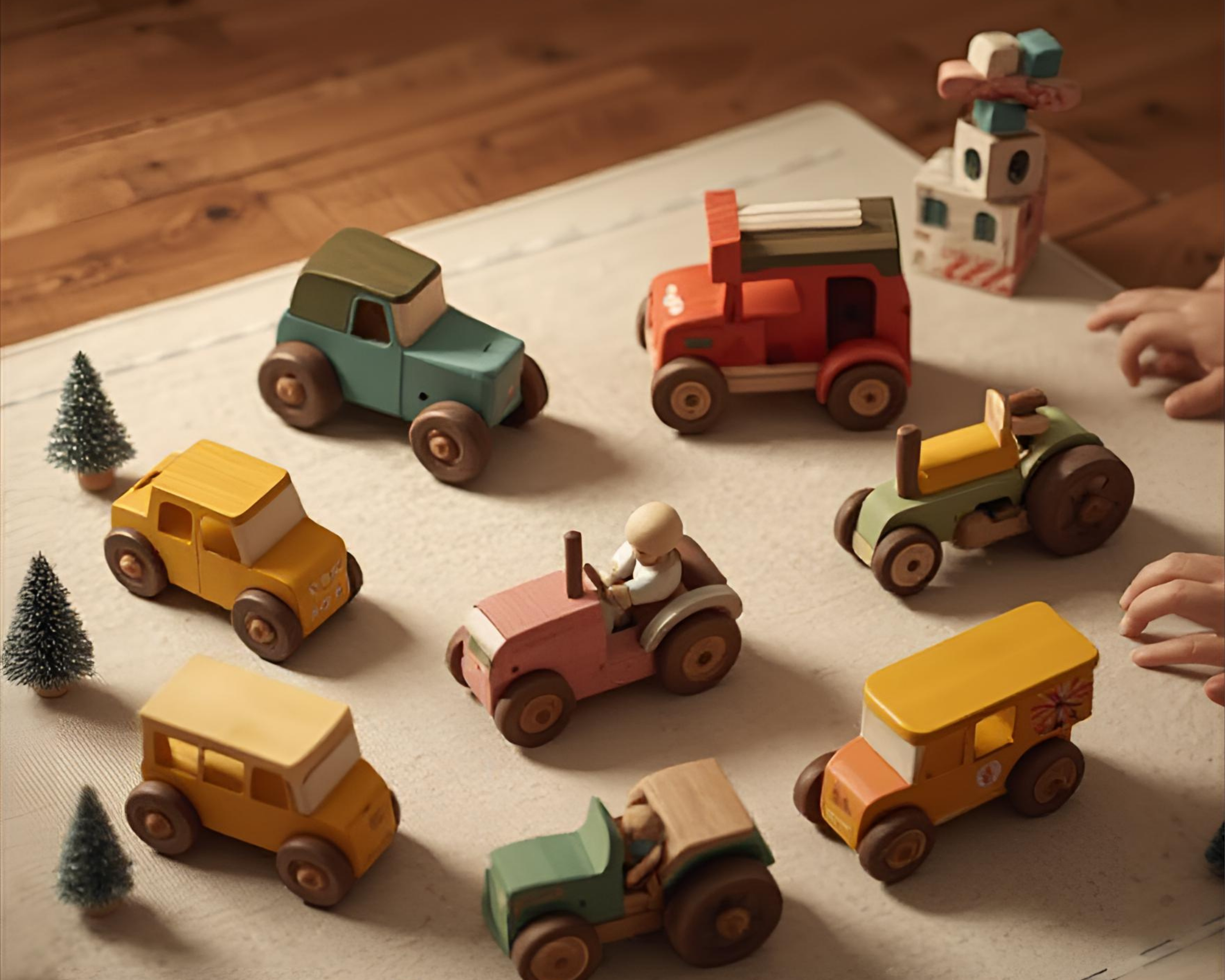 A group of small wooden cars in warm colors on a child's play mat, with tiny trees and hands reaching in to play.