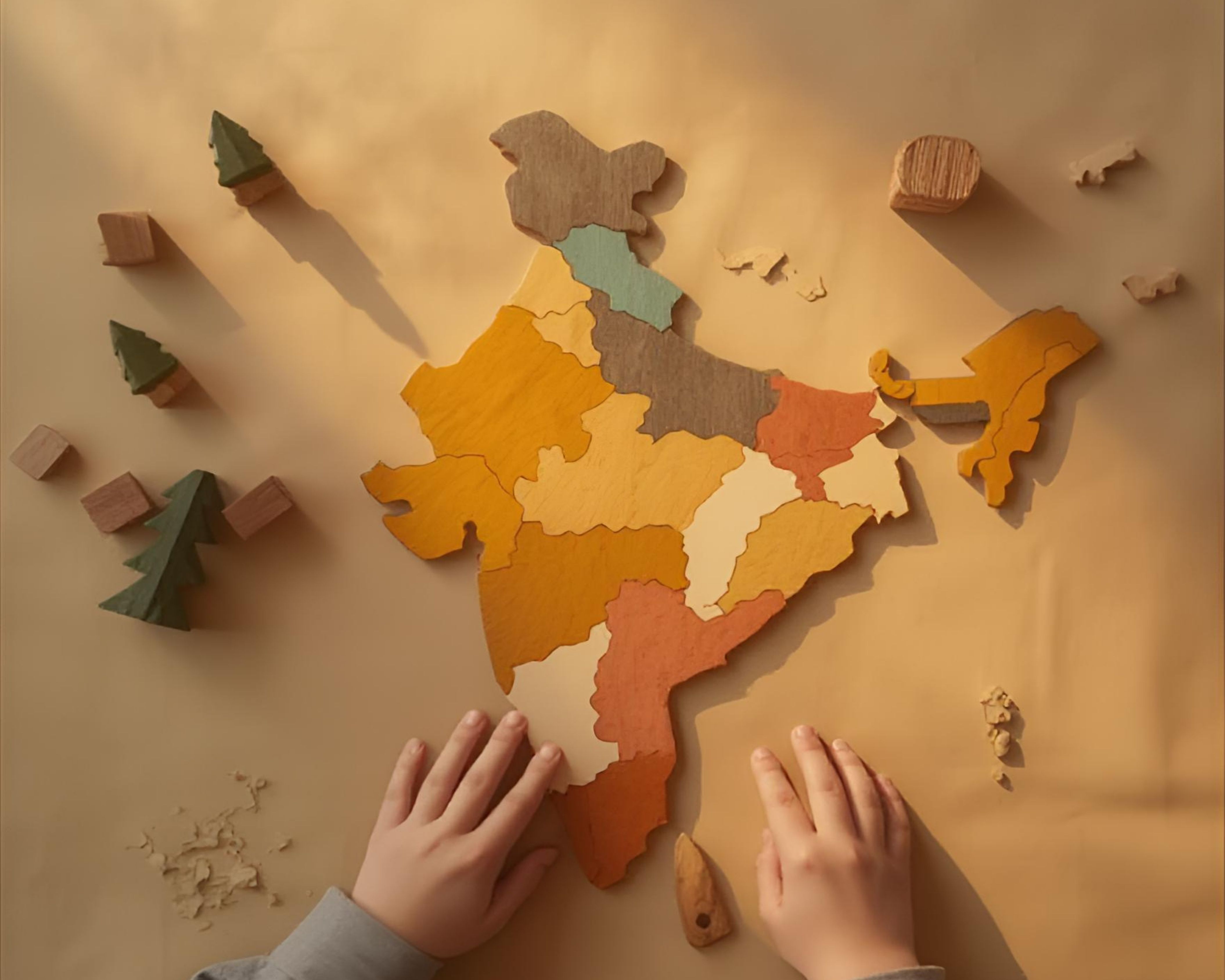 Wooden India-inspired puzzle and play pieces, arranged like a map on a tabletop.