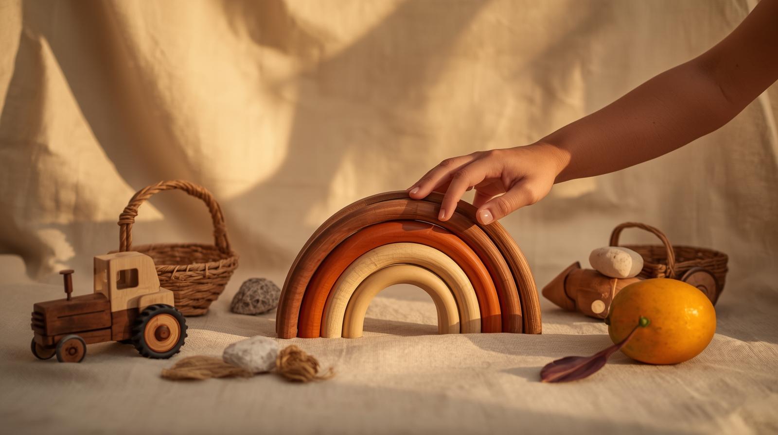 Wooden rainbow toy in earthy tones on soft linen fabric in morning light.