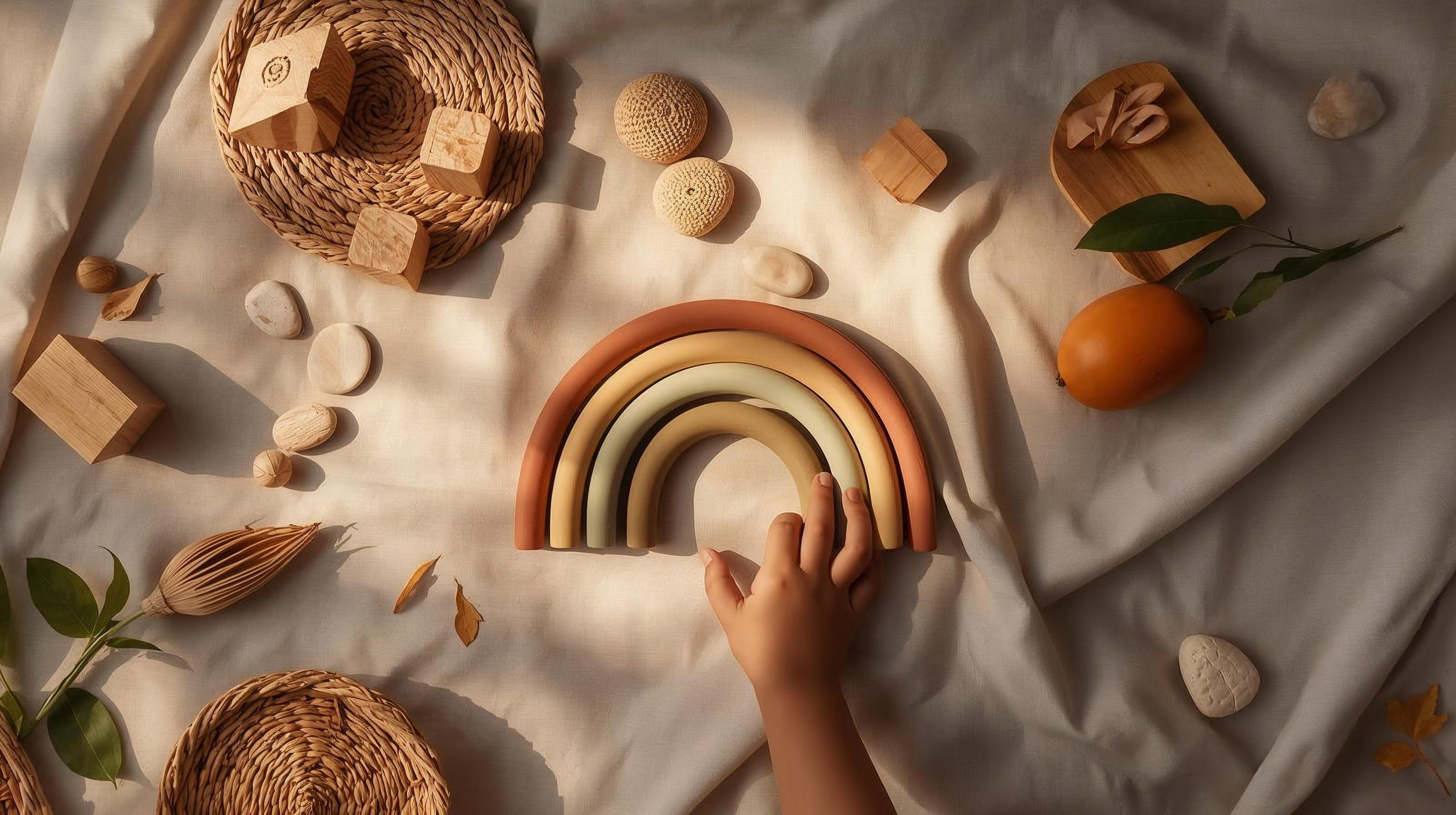 Soft, warm tabletop scene with wooden toys, woven baskets, and a child's hands — the quiet world of Telugu Tots play.